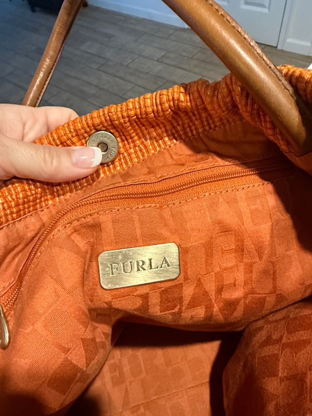 Furla Orange Textured Shoulder Tote with Tan Handles - Picture 3 of 8